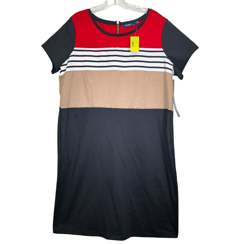 ELOQUII Dress Shift Women's 22W 3X Long Back Zip Red Black Stripe Midi NWT